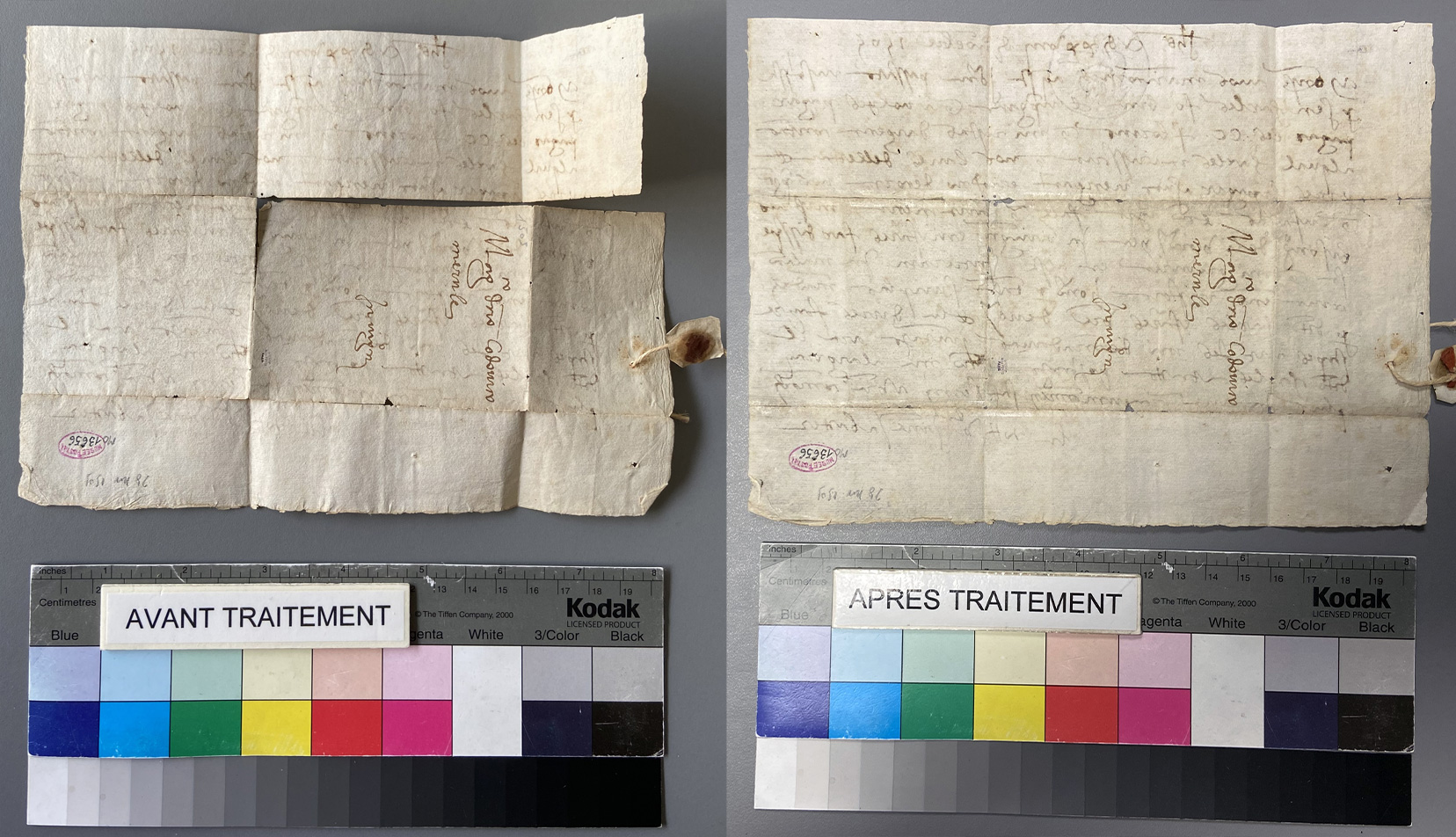 Verso avant-après restauration d'une lettre pliée pour Avignon datant du 28 novembre 1505