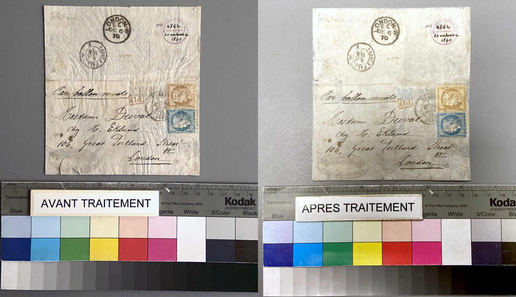 Recto avant-après restauration d'une lettre par ballon monté datant de 1870