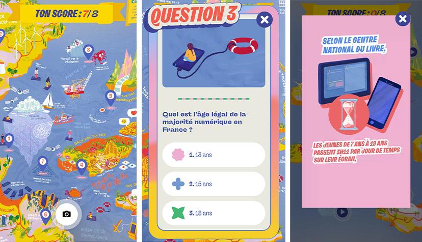 Plusieurs vues du quiz pédagogique sur smartphone Plusieurs vues du quiz pédagogique sur smartphone