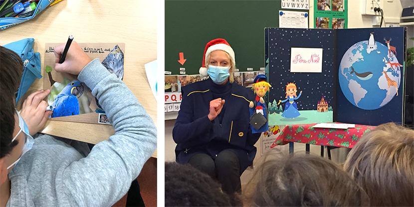 Deux photos d'animation en classe : un atelier mail art en primaire, une animation Nino en maternelle. Deux photos d'animation en classe : un atelier mail art en primaire, une animation Nino en maternelle.
