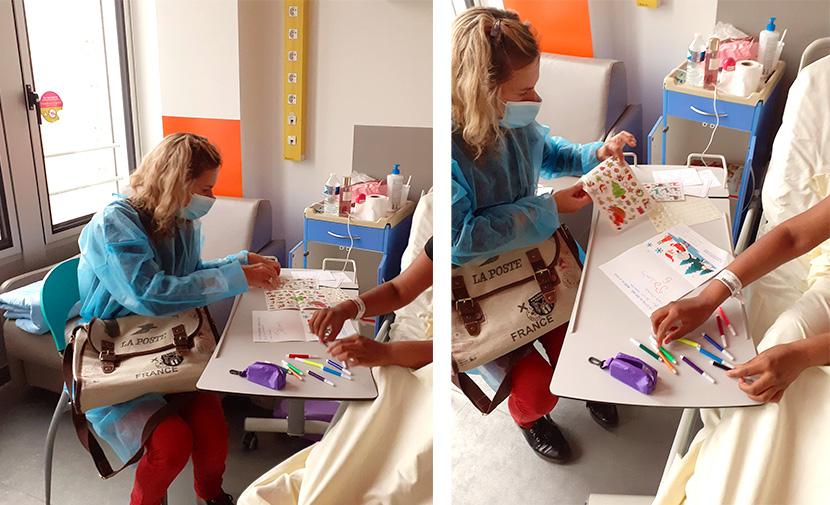 Deux photos d'une intervention individuelle à l'hôpital Necker, avec une médiatrice du Musée et une jeune patiente alitée. Deux photos d'une intervention individuelle à l'hôpital Necker, avec une médiatrice du Musée et une jeune patiente alitée.