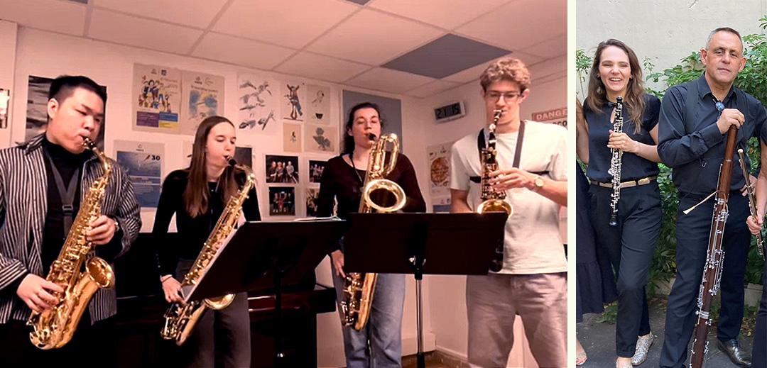 Quatuor de saxophones à gauche et formation hautbois et bassons à droite Quatuor de saxophones à gauche et formation hautbois et bassons à droite