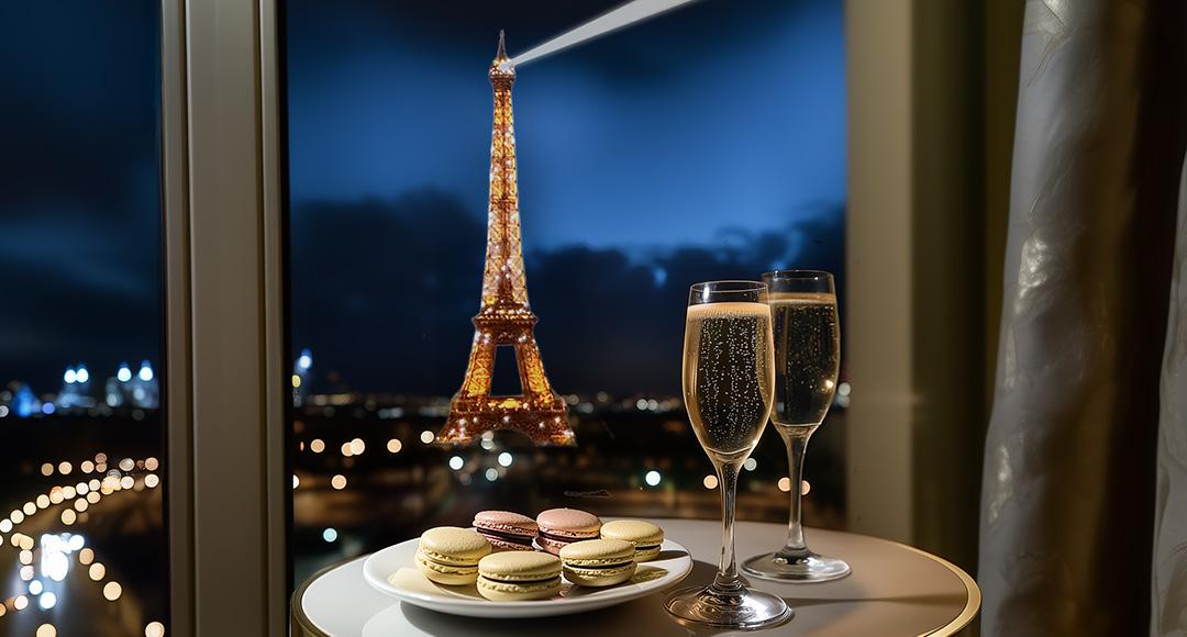 Visuel champagne + macarons devant la Tour Eiffel